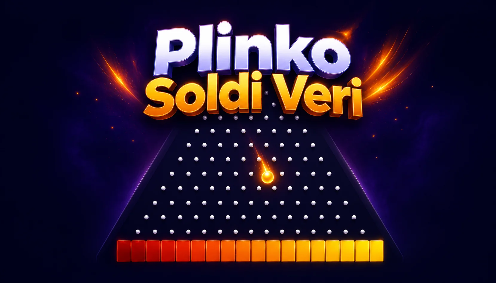 Tabellone di Plinko con piramide di pioli e striscia di moltiplicatori dal rosso all'arancione